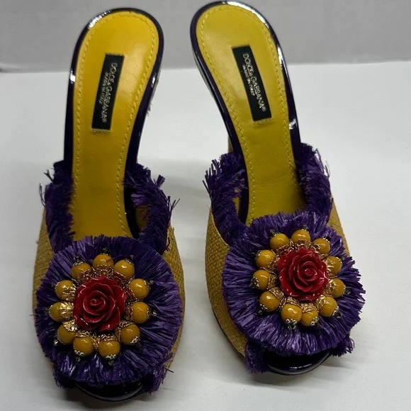 Dolce & Gabbana Keira Straw Mules Heels Open Toe Pumps Shoes Yellow Size EU 37 7 - Picture 6 of 13